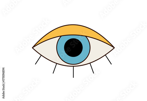 Groovy retro eye in flat style as colorful sticker and trendy icon. Eye symbol with patch badge design and modern groovy element, vibrant for creative label or pop graphic accent.