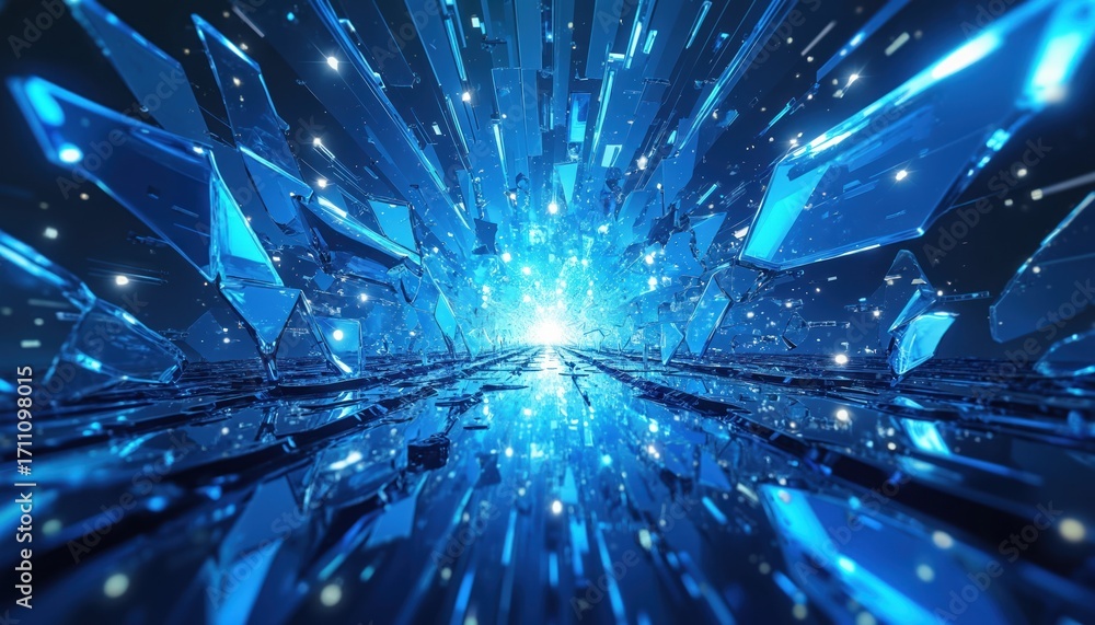 Fototapeta premium Abstract blue crystal shards explode forward into bright light. Sharp geometric fragments fly out from tunnel creating motion and speed. Futuristic tech background, digital energy burst.
