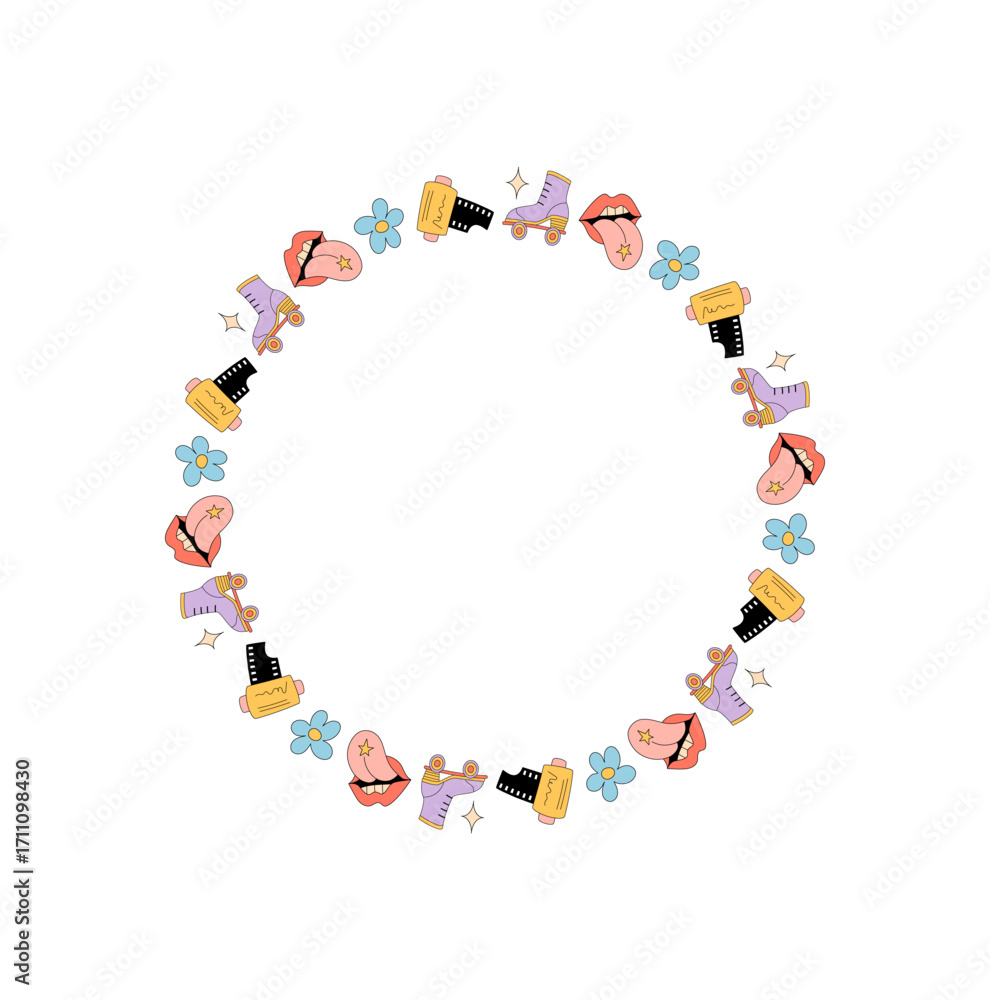 Obraz premium Groovy retro flower sticker circle border with frame style pattern. Funky doodle pattern creates a fun y2k accent in a playful and colorful look, ideal for trendy and modern visual