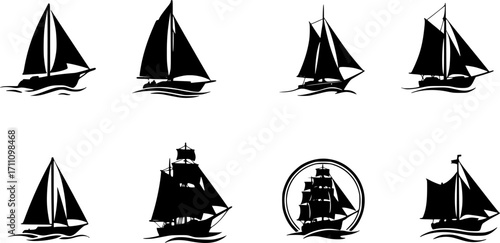 Sail boat logo silhouette vector design, sail boat logo icon silhouette, sailboat sailing ship logo vector illustration, sailboat and sailing ship vector silhouette logo design on white background	