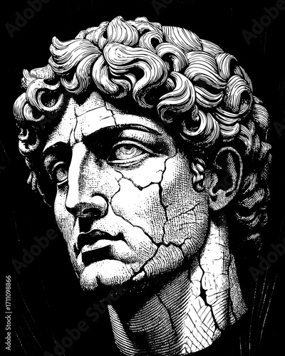 Head of a man carved from a stone statue, an ancient Roman sculpture of a male figure
