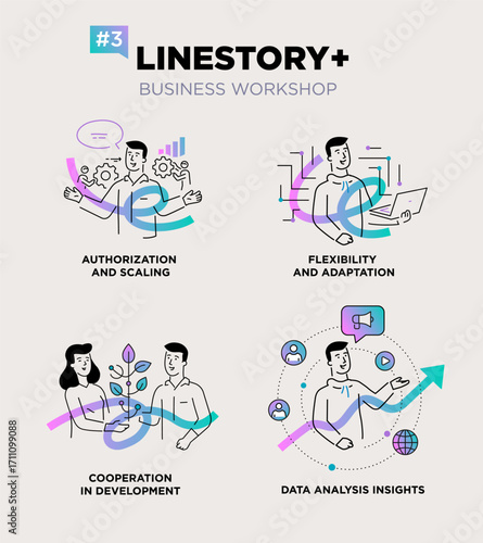 Set of illustrations people are holding a workshop. Workflow, growth, graphics. Business development, milestones, start-up. linear illustration Icons infographics. Landing page site print poster. Line