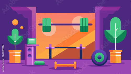 A home gym with a colorblocked feature wall featuring shades of purple orange and green creating an energizing and motivational atmosphere.