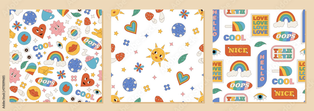 Fototapeta premium Groovy retro seamless cartoon pattern set blends happy and cute elements with a colorful y2k background. Funky flowers, sun, rainbow, and heart shape create playful style for creative pattern