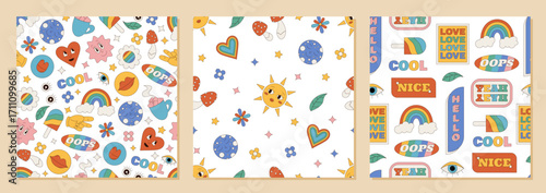 Groovy retro seamless cartoon pattern set blends happy and cute elements with a colorful y2k background. Funky flowers, sun, rainbow, and heart shape create playful style for creative pattern