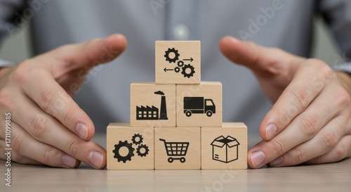 Concept of supply chain management with icons representing the process from factory production and logistics to final delivery to the consumer