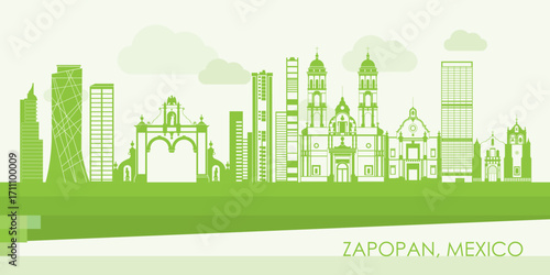 Green Skyline panorama of city of Zapopan, Mexico - vector illustration