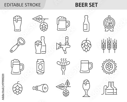 Beer line icon set. Vector collection symbol with mug of beer, hop cone, barley ear,  sausage, barrel, knuckle, opener, bottle. Editable stroke.