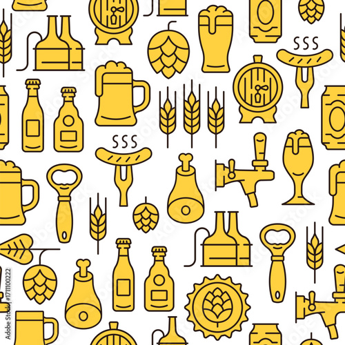 Beer line seamless pattern. Vector background with mug of beer, hop cone, sausage, barley ear, barrel, opener, bottle. Oktoberfest texture.
