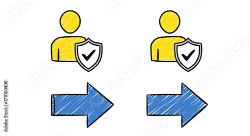 Two yellow figures with shields and checkmarks above blue arrows pointing rightward