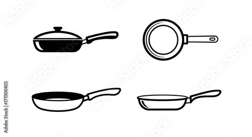 Four pan illustrations showcasing different styles and perspectives of kitchen cookware items