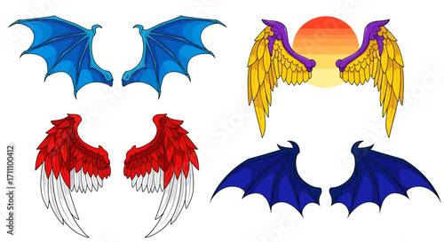 Four pairs of wings with different shapes and hues displayed against a plain setting