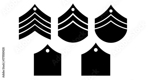 Five military rank insignia arranged on a plain presentation with a white setting space around them