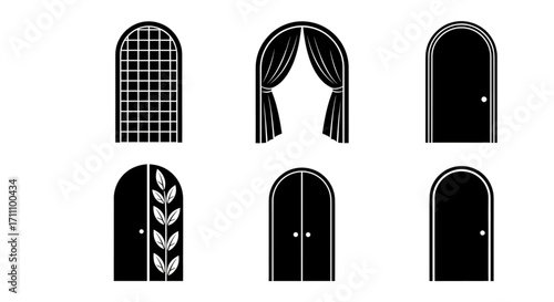 Collection of six arched doorway illustrations with varied design elements and unique features