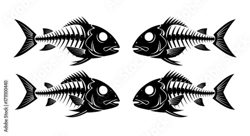 Four stylized fish skeletons arranged symmetrically on a plain presentation plane design element image