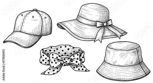 Assorted headwear collection featuring baseball cap, sunhat, bucket hat, and polka dot scarf with bow