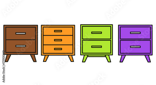 Four colorful cartoon dressers with drawers in a row on a white plain presentation stage
