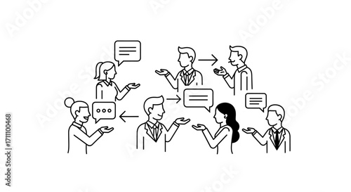 Network of people communicating with speech bubbles and arrows connecting them all together