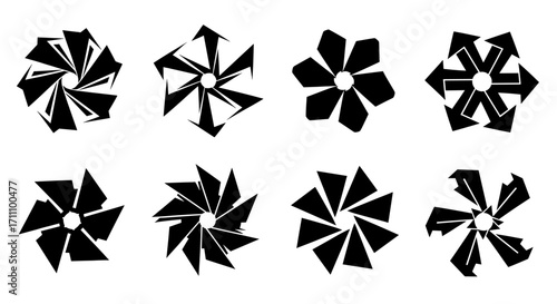 Geometric patterns array featuring eight abstract shapes with radial symmetry and angular elements