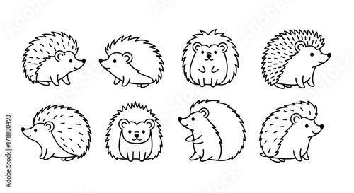 Collection of eight cartoon hedgehog illustrations in various poses and orientations