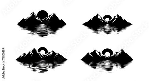 Four mountain range illustrations with water reflections and sun or moon silhouette behind peaks