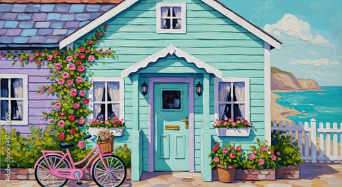 Cozy cottage with colorful flowerpots, rustic shed, and charming bicycle by the window in a peaceful garden setting, impressionist oil, ideal for wallpaper, home decor, wall art, frame tv and prints