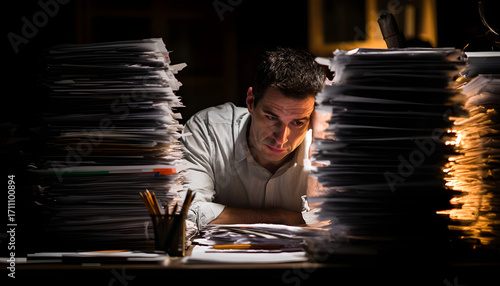 Wallpaper Mural a man hard working with a lot of paper on work table Torontodigital.ca