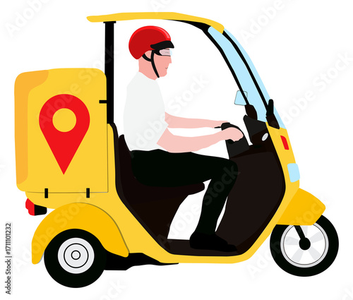 delivery service three-wheeler scooter with a driver