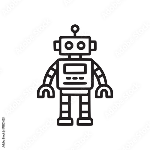 Vector art of simple line art illustration of a classic robot, the robot features a boxy head with antenna, a screen on its chest, and articulated arms and legs, reminiscent of vintage toy robots
