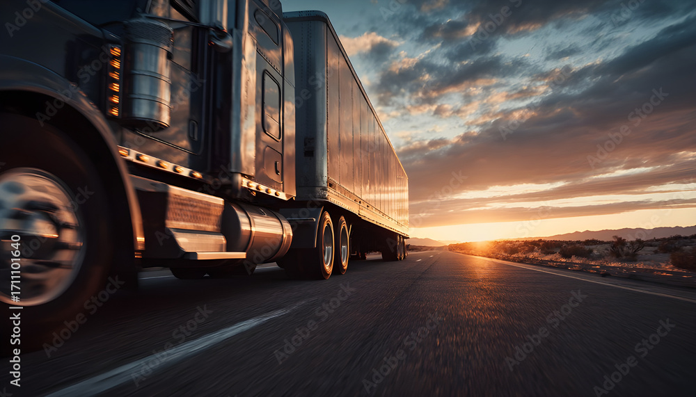 custom made wallpaper toronto digitalA long distance semi truck with cargo trailer passes the camera driving on a desert road into the sunset