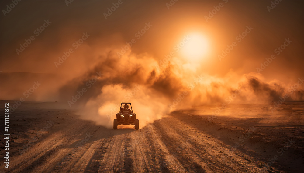 Fototapeta premium Buggy and motorbike ride across sandy road at sunset with dust clouds symbolizing endurance speed freedom adventure exploration resilience and the raw challenge of motorsport in vast wilderness