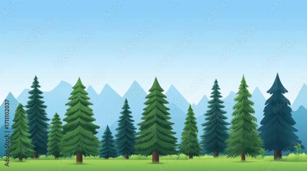 Fototapeta premium Serene Landscape with Vibrant Green Trees and Majestic Mountain Background