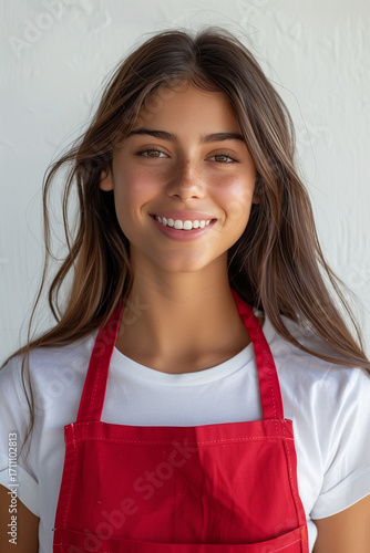 woman wearing a red apron on a white background