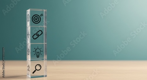 Clear glass cubes with icons representing business strategy, goal setting, and innovation stacked vertically on a wooden surface with a teal background