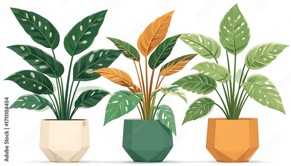 Fototapeta premium Three potted calathea plants with different leaf colors.