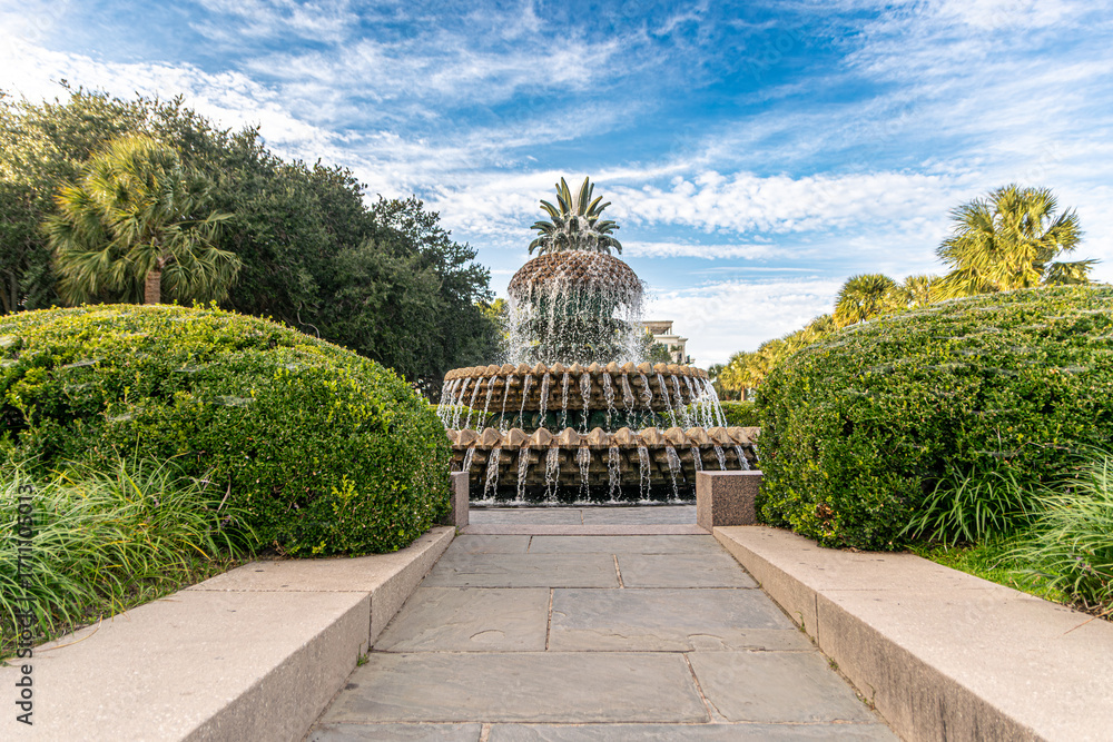 Obraz premium Pineapple Fountain in Charleston Waterfront Park with Pathway View