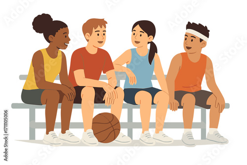 Young athletes of diverse backgrounds chat in the stadium bleachers