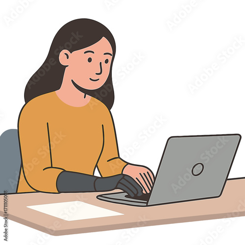 A young woman with a prosthetic arm sits at an office desk, typing on her laptop