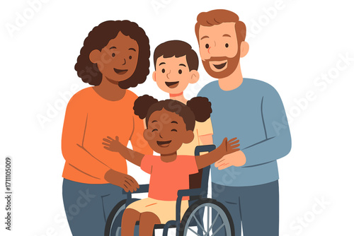 A cheerful, diverse family, featuring a smiling young girl with a disability who sits in a wheelchair at home