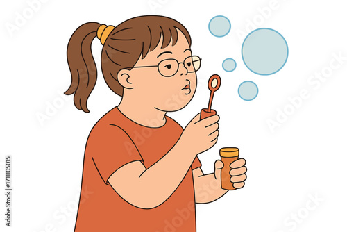 A girl with Down syndrome, a chromosomal genetic disorder, blows bubbles, illustrating the everyday life of a child with disabilities