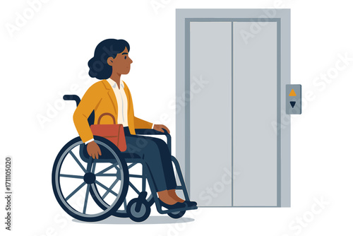 A female entrepreneur with disabilities in a wheelchair waits for the elevator in her office
