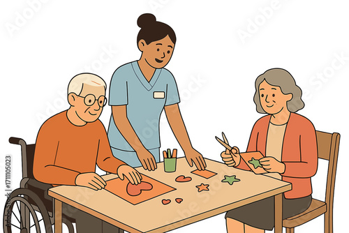 A female nurse engages in a creative craft activity with a disabled man and woman at a nursing home
