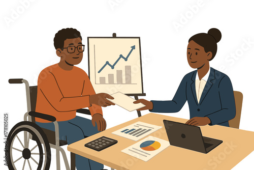 A young African American male economist with a disability hands a document to a coworker in the office while discussing financial data