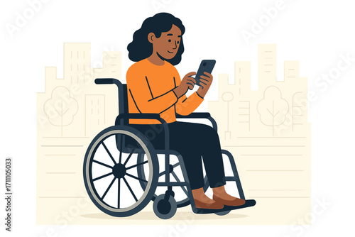 A disabled woman uses her smartphone while walking around the city