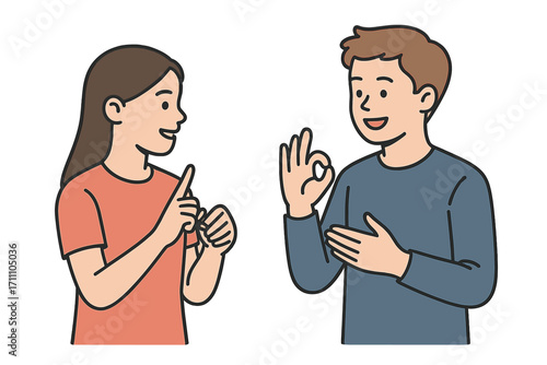 A teenage boy and girl are communicating through sign language