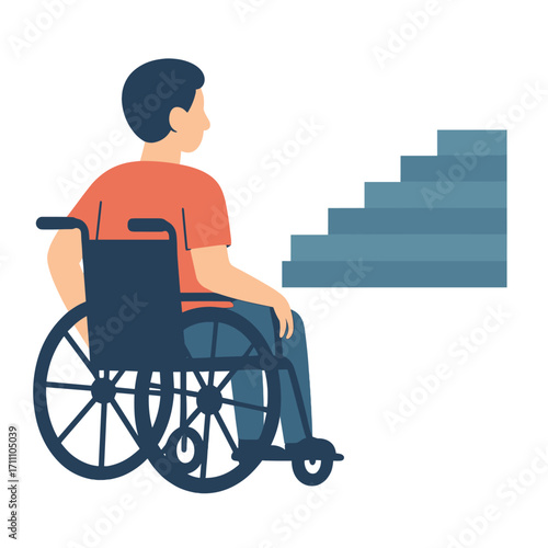 A wheelchair‑bound individual gazes at stairs, illustrating the architectural obstacles and difficulties encountered by people with disabilities
