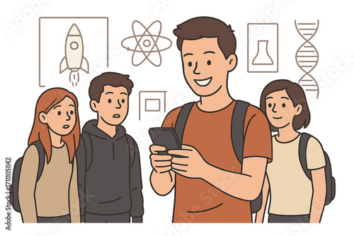 Teenagers stare at a smiling man using a smartphone in a science center