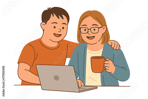 A cheerful pair of teens with Down syndrome holding a cup and using a laptop at home