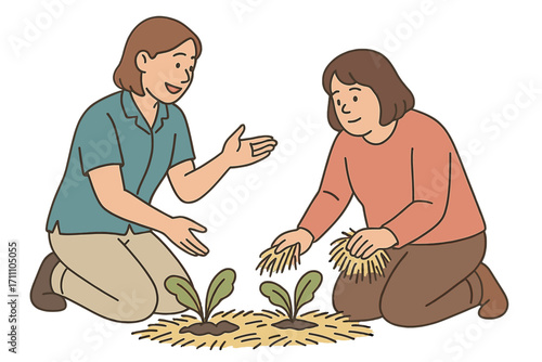 A caregiver teaches a mentally handicapped woman how to mulch using straw