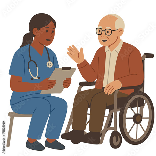 A nurse in a blue uniform consults with an elderly wheelchair‑bound patient at home, highlighting real people, empathy, and quality medical care